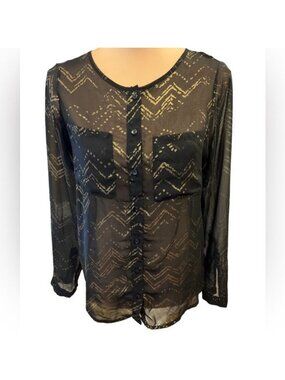 Olive & Oak Sheer Blouse Size XS Black with Gold Metallic Accents